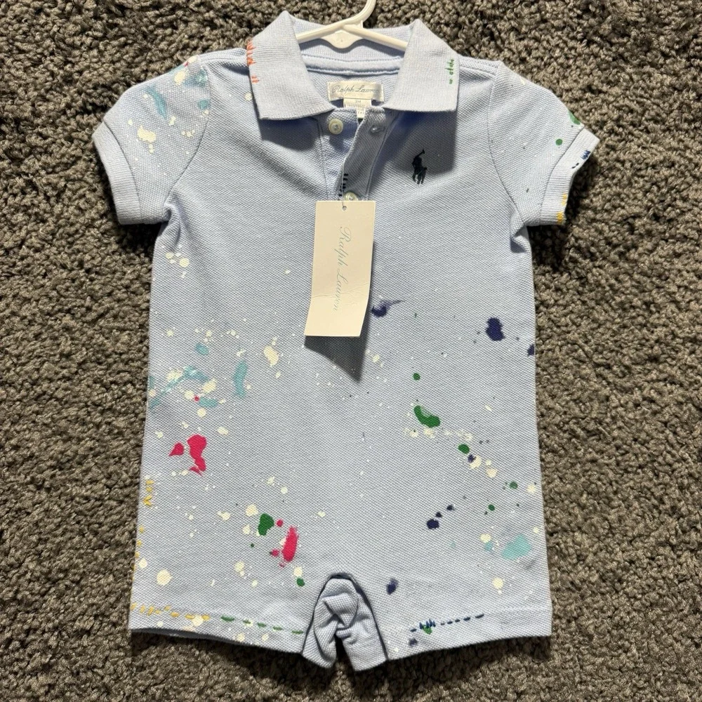 Ralph Lauren Polo Romper Baby Boy Size 3 Months Blue Paint Splatter Preppy NWT